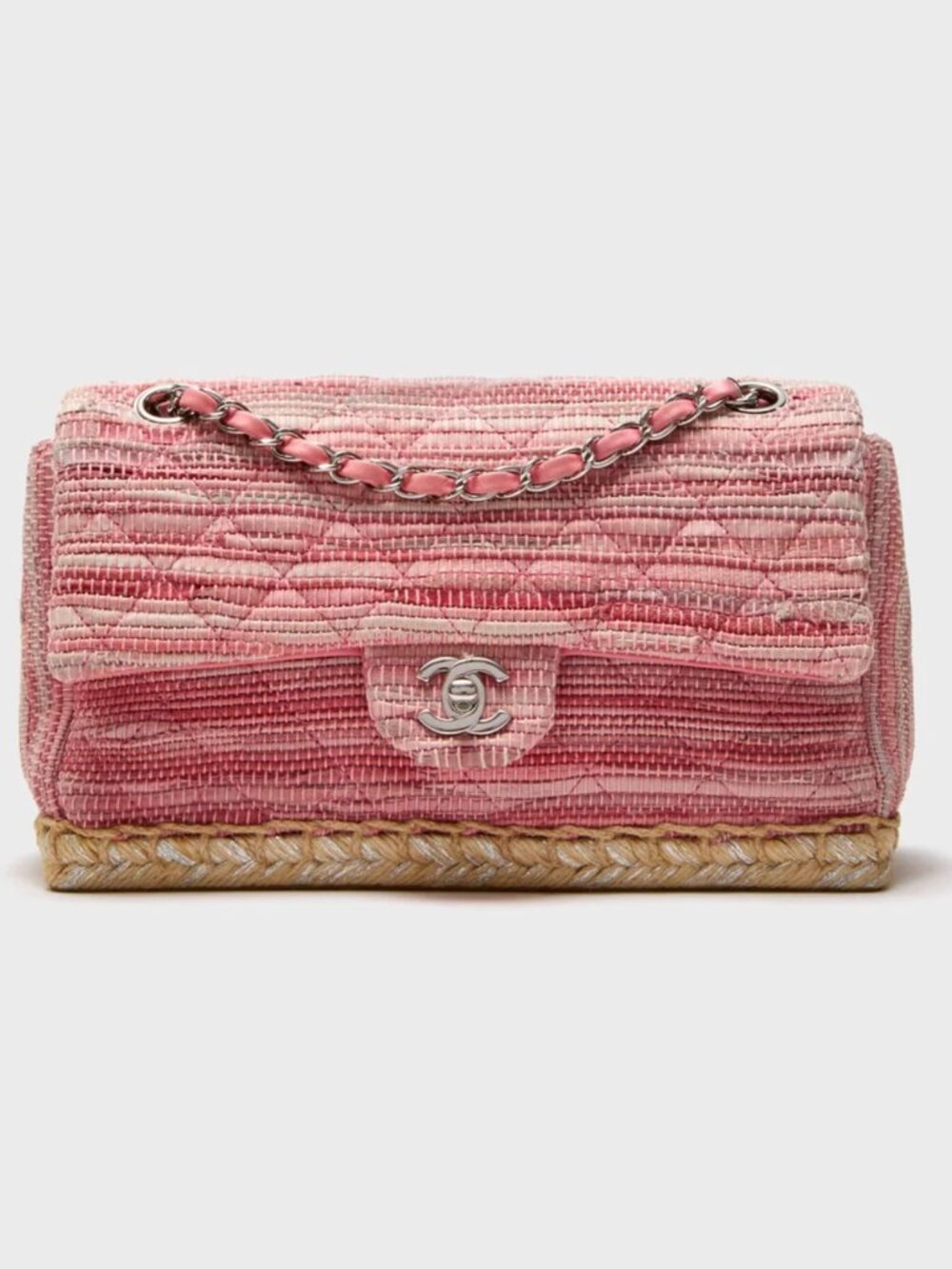 CHANEL Pink Raffia Tweed & Jute Espadrille Classic Flap Bag | Rare Seasonal Vtg